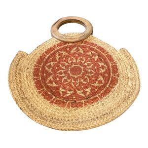 Women’s NWOT Chloe & Lex Round Jute Tote Bag with wooden handle and red design